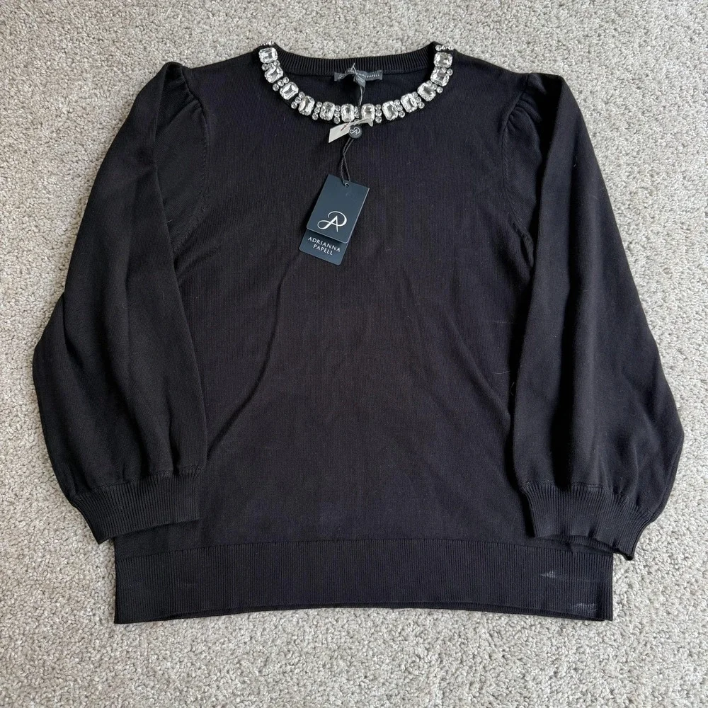 Adrianna Papell Sweater Womens M Black Embellished Jewel Neck 3/4 Sleeve